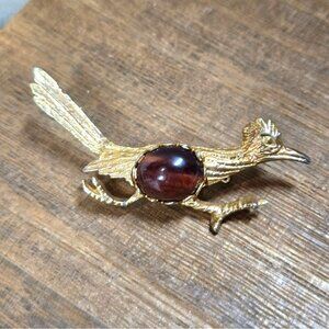 Vintage Roadrunner Bird Brooch w/ Tiger's eye cabochon Jelly Belly Style brooch